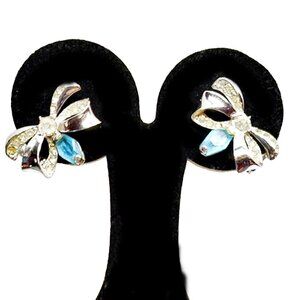1950s Vintage Bow Shaped Earrings With Aqua Blue And Clear Rhinestones Clips